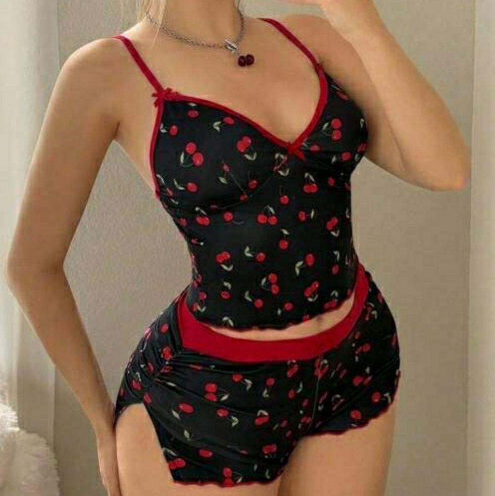 SHEIN Women's Black and Red Cherry Print Pajama Set